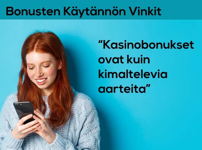 Tyttö katsoo puhelintaan ja tutkii kasinobonusten vinkkejä